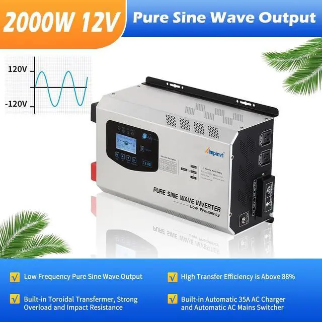 Alt view image 2 of 6 - 2000W Peak 6000W Pure Sine Wave Power Inverter Charger DC 12V to 120V AC Output Converter with LCD Display, Off Grid Low-Frequency Inverter for Sealed Gel AGM Flooded Lithium Battery Charger