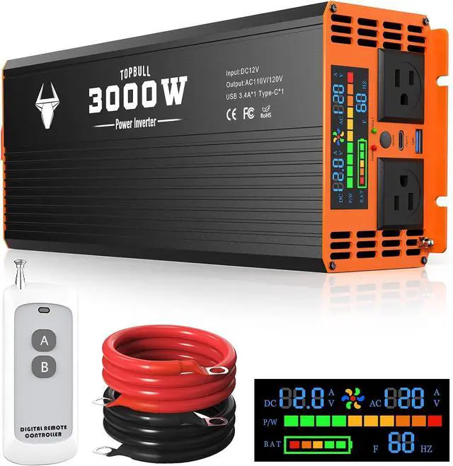 Main image of 3000 Watt Power Inverter, Car/Home 12V DC to 110V/120V AC Car Converter | with 200ft Remote Controll, LED Display, Dual AC Outlets, USB Port, Dual Smart Fans, Cables Included, Suitable for Home, RV