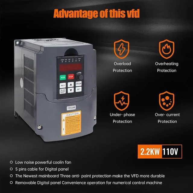 Alt view image 3 of 7 - Variable Frequency Drive 2.2KW 110V VFD Drive Inverter | Frequency Converter Single Phase Input, 3 Phase Output for Spindle Motor Speed Control+VFD Extension Cable