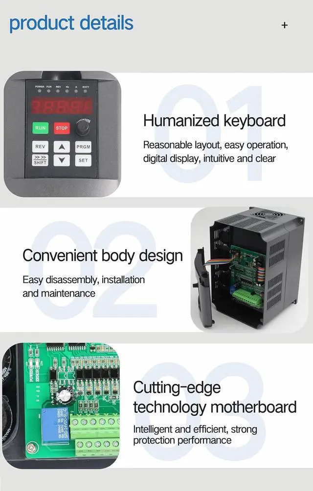 Alt view image 6 of 7 - Variable Frequency Drive 2.2KW 110V VFD Drive Inverter | Frequency Converter Single Phase Input, 3 Phase Output for Spindle Motor Speed Control+VFD Extension Cable