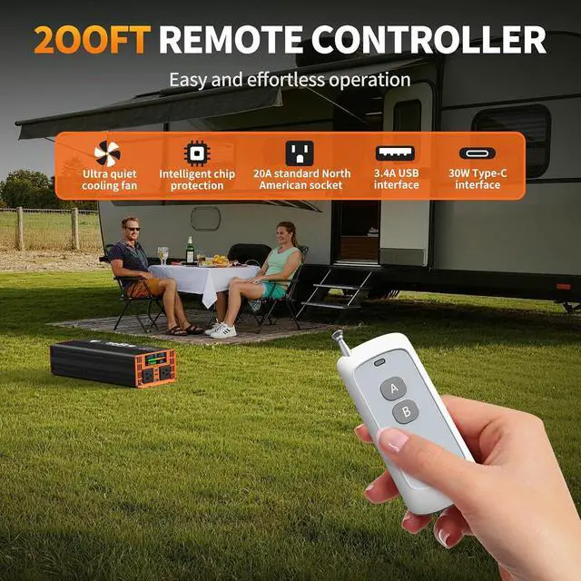 Alt view image 7 of 7 - 3000 Watt Power Inverter, Car/Home 12V DC to 110V/120V AC Car Converter | with 200ft Remote Controll, LED Display, Dual AC Outlets, USB Port, Dual Smart Fans, Cables Included, Suitable for Home, RV