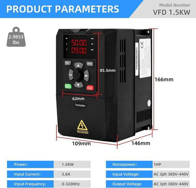 Alt view image 2 of 7 - 1.5KW 1HP VFD Variable Frequency Drive, 380V 3 Phase Input & Output, 3.8A Inverter for Spindle Motor, CNC , Pump & Fan Speed Control (03200Hz)