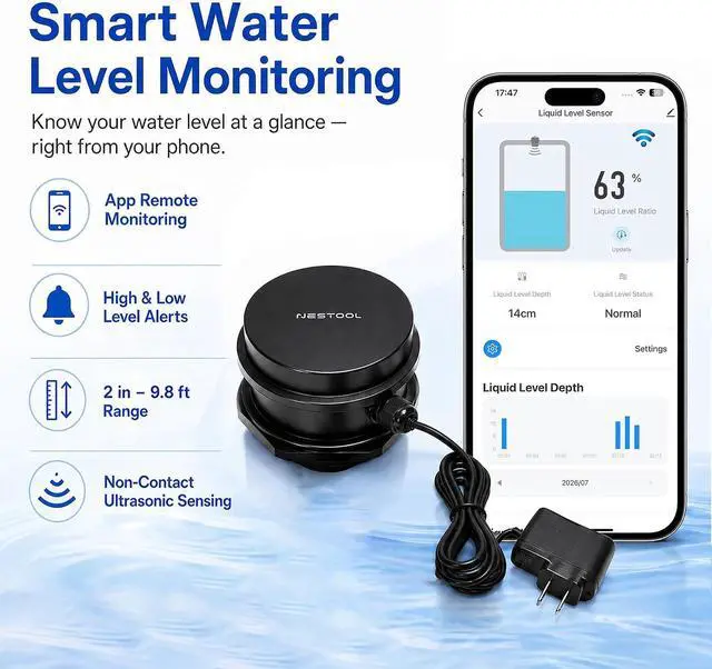Alt view image 2 of 7 - Smart WiFi Water Level Sensor, Ultrasonic Water Tank Level Monitor for Cistern, Rainwater Tank, RV Fresh Water Tank & Outdoor Storage Tanks, Non-Contact Sensor with Smart Life App