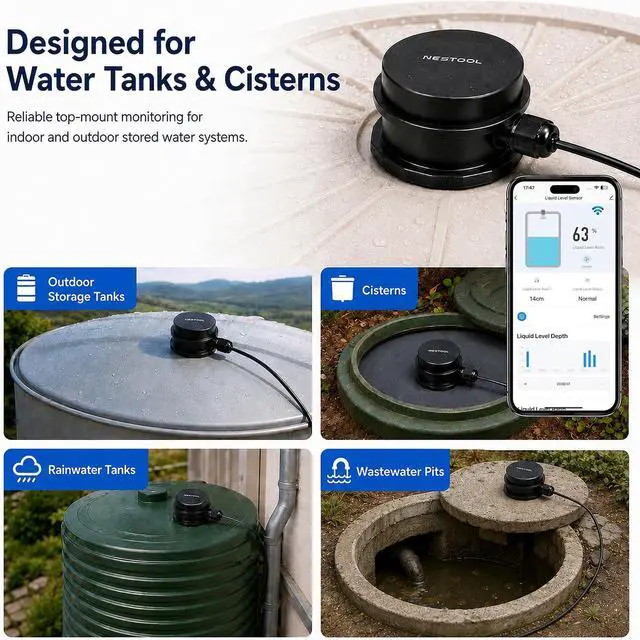 Alt view image 5 of 7 - Smart WiFi Water Level Sensor, Ultrasonic Water Tank Level Monitor for Cistern, Rainwater Tank, RV Fresh Water Tank & Outdoor Storage Tanks, Non-Contact Sensor with Smart Life App