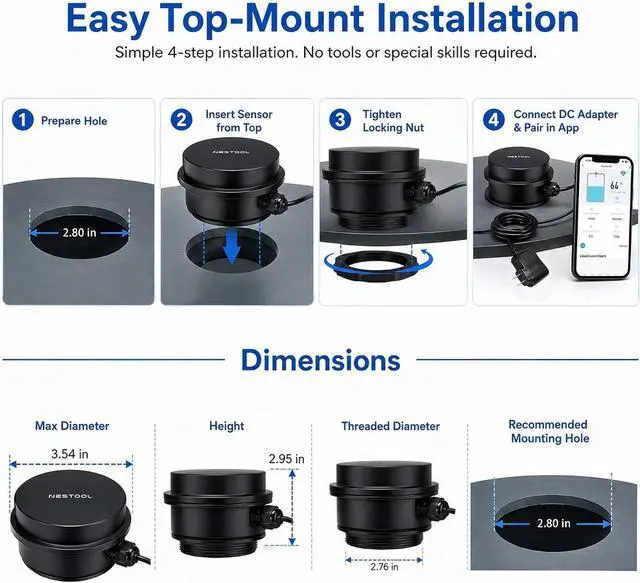 Alt view image 7 of 7 - Smart WiFi Water Level Sensor, Ultrasonic Water Tank Level Monitor for Cistern, Rainwater Tank, RV Fresh Water Tank & Outdoor Storage Tanks, Non-Contact Sensor with Smart Life App