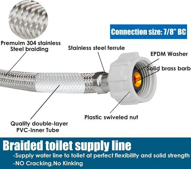 Alt view image 3 of 6 - 12 PACKS Toilet Hose Supply Line 12 Inch Braided 7/8" BC x 3/8"Comp,NSF | Flexible Toilet Water Hose Connector,Stainless Steel Water Supply Line for Toilet Hose Replacement