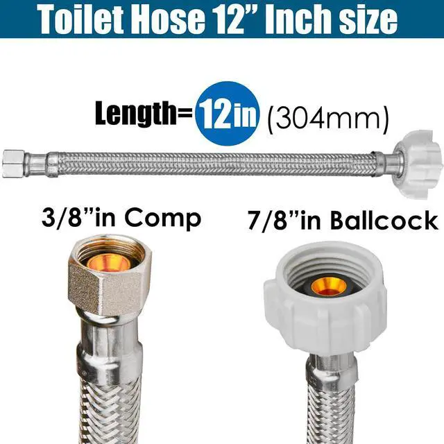 Alt view image 2 of 6 - 12 PACKS Toilet Hose Supply Line 12 Inch Braided 7/8" BC x 3/8"Comp,NSF | Flexible Toilet Water Hose Connector,Stainless Steel Water Supply Line for Toilet Hose Replacement