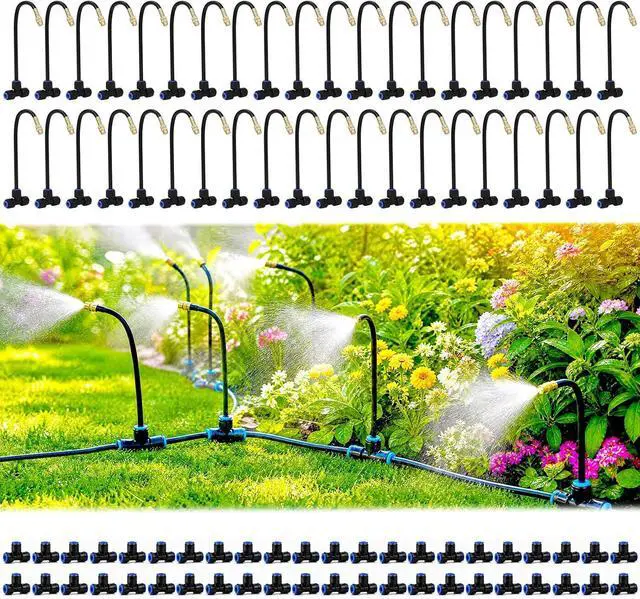 Main image of Drip Irrigation Nozzles 40 Pack, 8 Inch Adjustable Sprayers for 1/4 Tubing | 360° bendable stems direct water where needed;tee connectors branch irrigation for pots,raised beds and greenhouse plants.