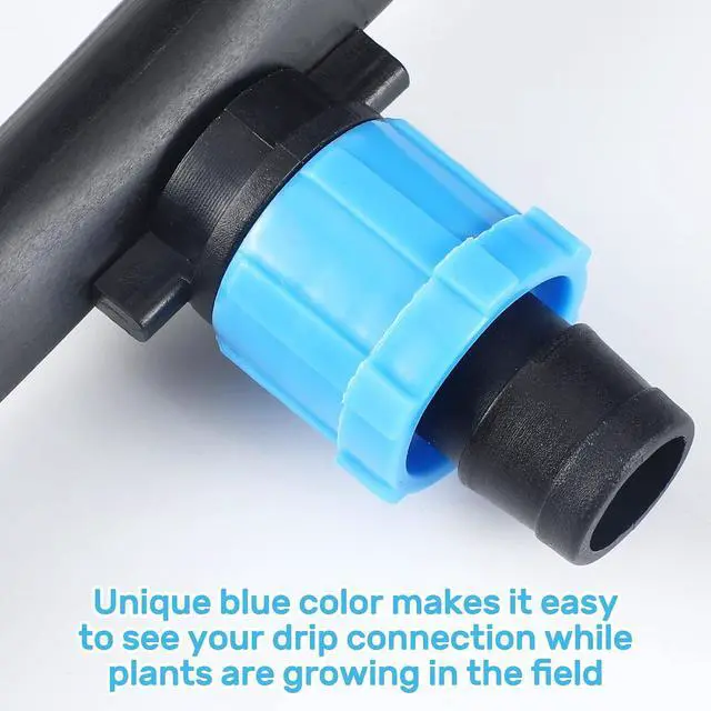 Alt view image 5 of 7 - 100 Pcs Drip Tape Connector Fittings, Locks 1/4" Barb for 5/8" Drip Irrigation Fitting Kit Irrigation Tubing Connectors Tools Coupling Barbed Locking Fitting (Blue)