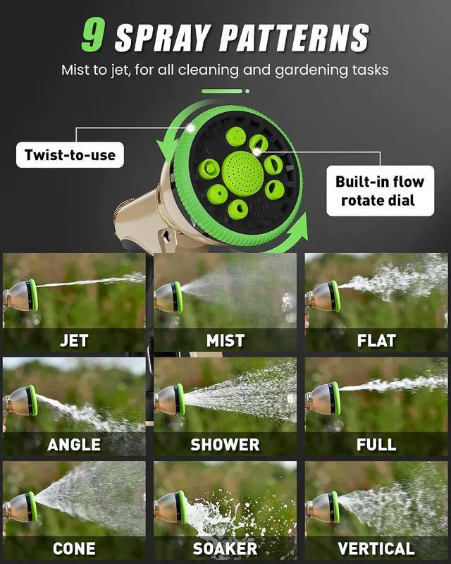 Alt view image 3 of 7 - Garden Hose Nozzle, Heavy Duty Metal Water Hose Sprayer Nozzle with 9 Adjustable Spray Patterns, High Pressure Hand Sprayer for Watering Plants, Lawns, Car and Pet Washing (2Pack, Green)