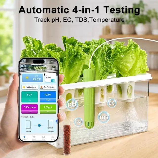 Alt view image 2 of 7 - WiFi Smart Hydroponics Monitor, 4-in-1 Continuous pH Meter, EC TDS PPM & Temp Tester, 24/7 App Data Export & Real-Time Alerts for Hydroponic Grow System Indoor Grow Tent DWC Aquaponics