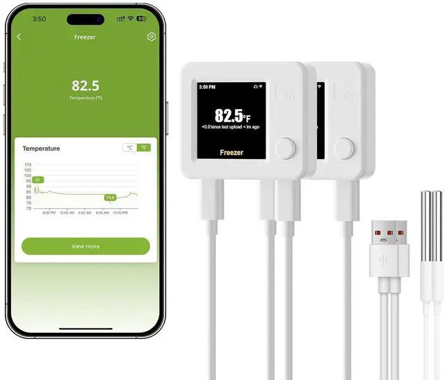 Main image of 2 Pack WiFi Freezer Alarm Refrigerator Thermometer, App Alerts | Two-sensor freezer/fridge alarm for two rooms or two homes, alerts on power outage or WiFi loss, +/-0.9F at -40F, no hub