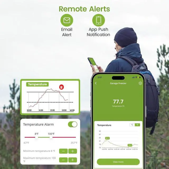 Alt view image 3 of 7 - 2 Pack WiFi Freezer Alarm Refrigerator Thermometer, App Alerts | Two-sensor freezer/fridge alarm for two rooms or two homes, alerts on power outage or WiFi loss, +/-0.9F at -40F, no hub