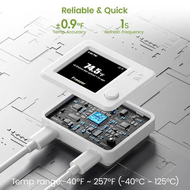 Alt view image 4 of 7 - 2 Pack WiFi Freezer Alarm Refrigerator Thermometer, App Alerts | Two-sensor freezer/fridge alarm for two rooms or two homes, alerts on power outage or WiFi loss, +/-0.9F at -40F, no hub