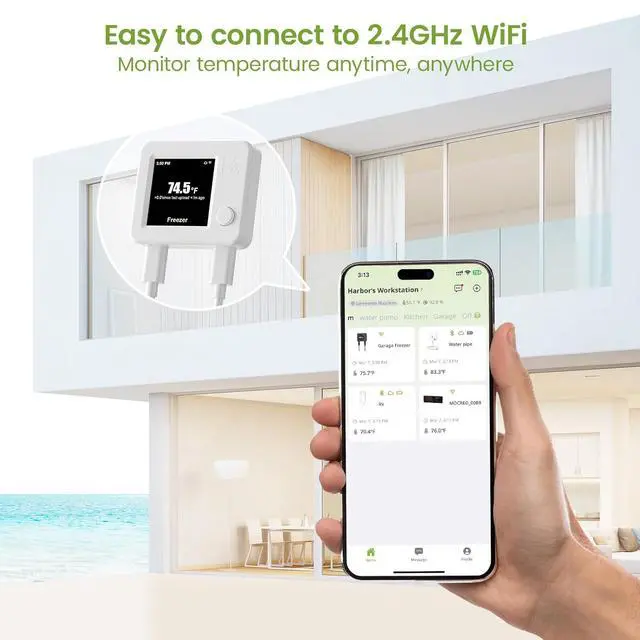Alt view image 2 of 7 - 2 Pack WiFi Freezer Alarm Refrigerator Thermometer, App Alerts | Two-sensor freezer/fridge alarm for two rooms or two homes, alerts on power outage or WiFi loss, +/-0.9F at -40F, no hub