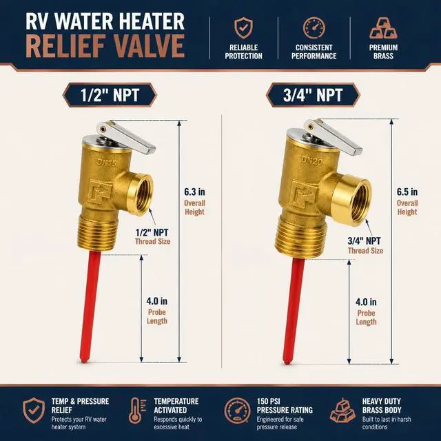 Alt view image 2 of 7 - Upgraded 1/2" and 3/4" NPT 210°F 150 PSI RV Hot Water Heater Tank Temperature Pressure Relief Valve with Extended Probe Compatible with Suburban&Atwood RV Water Heater and Storage Tanks