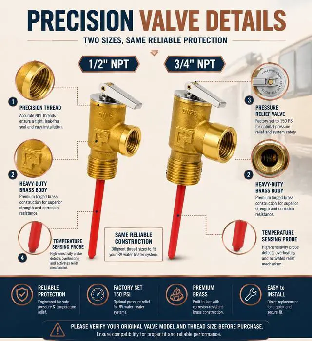 Alt view image 4 of 7 - Upgraded 1/2" and 3/4" NPT 210°F 150 PSI RV Hot Water Heater Tank Temperature Pressure Relief Valve with Extended Probe Compatible with Suburban&Atwood RV Water Heater and Storage Tanks