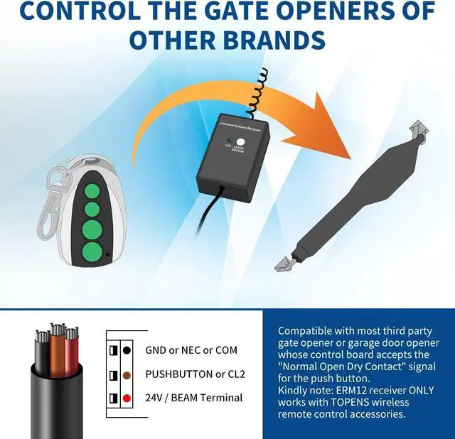 Alt view image 5 of 7 - ERM12 Universal External Receiver with 2 Remote Control Transmitters for Automatic Swing Sliding Gate Opener Garage Door Opener, Remote Operator Accessory for Outdoor Use