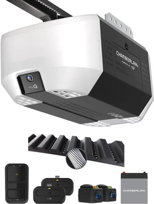 Main image of Chamberlain Belt Drive myQ Garage Door Opener, 3/4HP w/Fixed Camera | Ultra quiet belt drive, smart garage myQ integration, Includes: 2 remotes, wall control, battery backup & safety sensors
