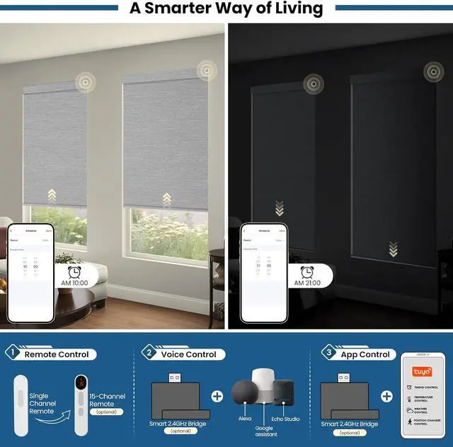 Alt view image 4 of 7 - No Drill Motorized Blinds with Remote, Automatic Roller Shades | Easy Install, Rechargeable Blackout Smart Blinds for Bedroom, Office & High Windows Fabric Wrapped Cover, Grey, 35"Wx72"H