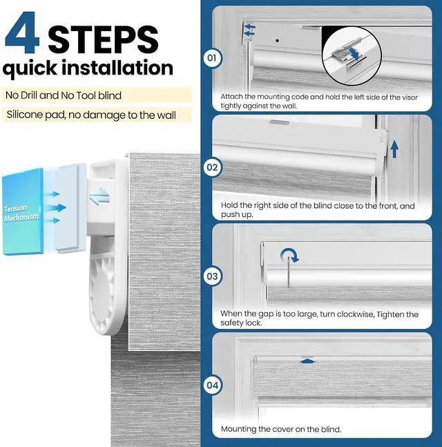 Alt view image 5 of 7 - No Drill Motorized Blinds with Remote, Automatic Roller Shades | Easy Install, Rechargeable Blackout Smart Blinds for Bedroom, Office & High Windows Fabric Wrapped Cover, Grey, 35"Wx72"H