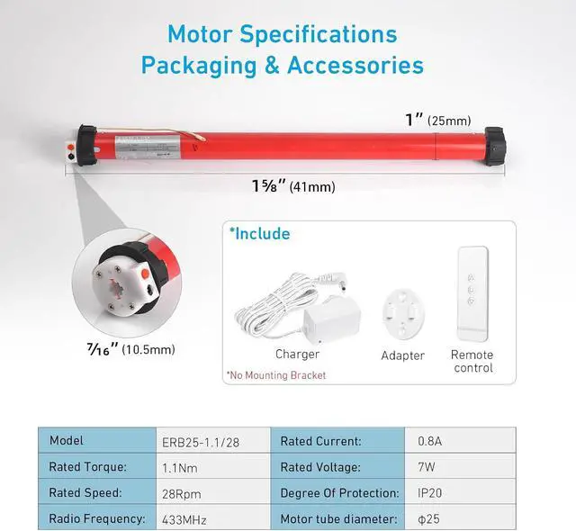 Alt view image 3 of 7 - Rechargeable Wireless Tubular Roller Shade Motor Kit, with Remote Control for Motorized Electric Roller Blind Shades, 1.5 inch Tube