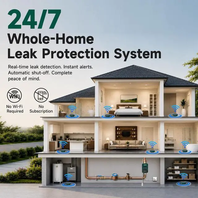 Alt view image 4 of 7 - Smart Water Auto Shut Off Valve & Leak Detector, Real-Time Leak Detection, Whole-Home Leak Protection System, 15 Sec Automatic Shut-Off, 1640 ft LoRa Coverage, No WiFi Required, Fits 3/4" & 1" Pipes