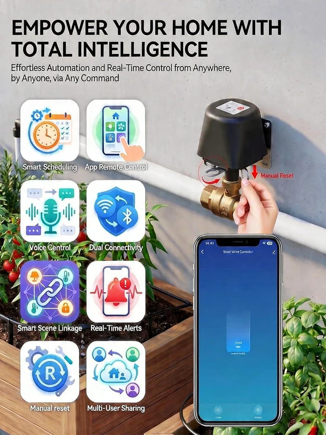 Alt view image 2 of 7 - Smart WiFi Motorized Brass Water Ball Valve with App Control | Programmable Timer Switch, Manual Open/Close, Tuya App Alert, Multi-User, Alexa/Google Home Compatible, 3/4" NPT Threaded