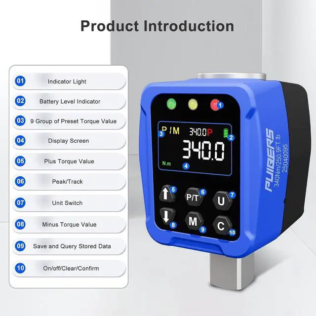 Alt view image 2 of 7 - 1/2" Drive Digital Torque Wrench Adapter 12.5-250.7 Ft-lb / 17-340 Nm, Electronic Torque Meter ±1% Accuracy, Colour LCD Display, 1/4 & 3/8 Adapters for Car & Motorcycle Maintenance