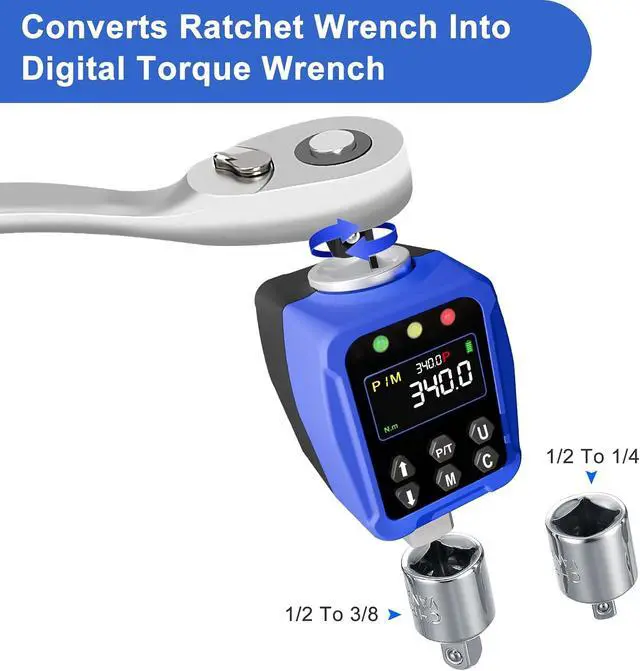 Alt view image 3 of 7 - 1/2" Drive Digital Torque Wrench Adapter 12.5-250.7 Ft-lb / 17-340 Nm, Electronic Torque Meter ±1% Accuracy, Colour LCD Display, 1/4 & 3/8 Adapters for Car & Motorcycle Maintenance