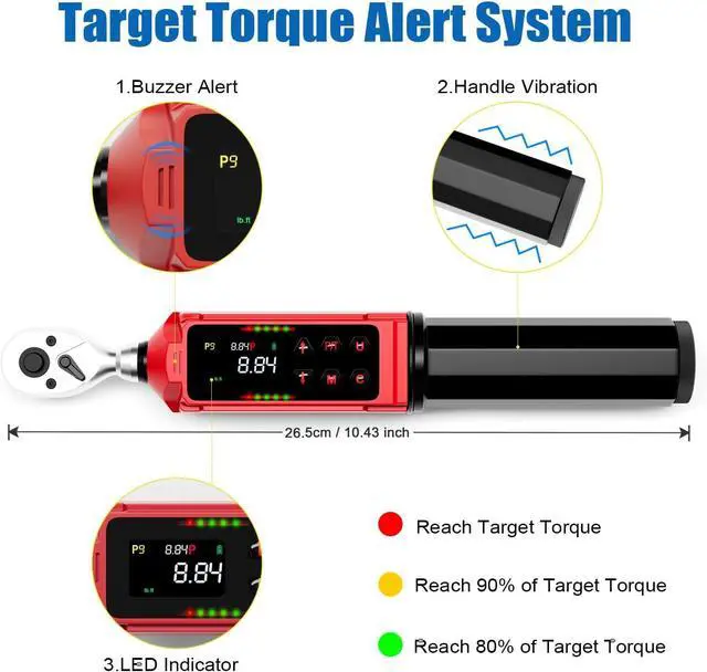 Alt view image 2 of 7 - 1/4" Digital Torque Wrench, 0.13-8.84 Ft.lb/0.18-12 Nm, ±1% Accuracy | Bike Torque Wrench with Vibration, Buzzer & LED, 10 Presets, 500 Data, Peak/Track for Bicycle & Precision
