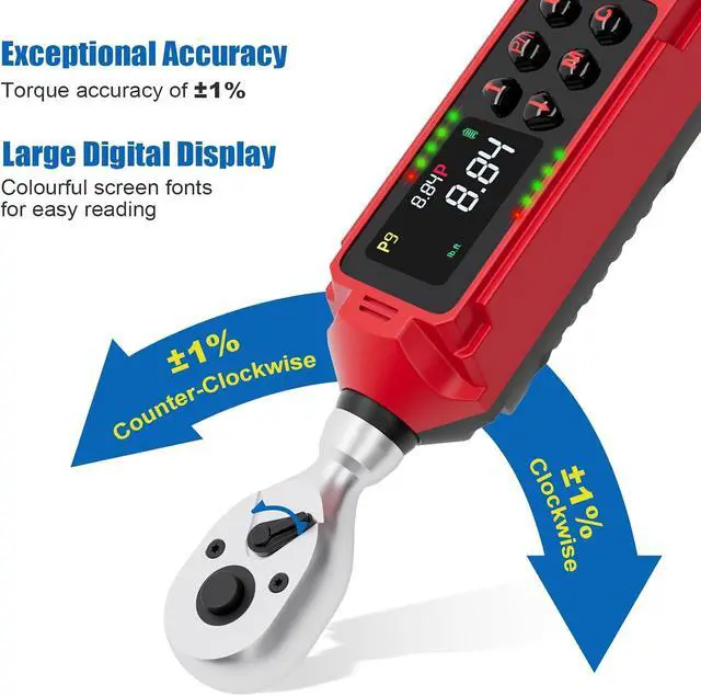 Alt view image 3 of 7 - 1/4" Digital Torque Wrench, 0.13-8.84 Ft.lb/0.18-12 Nm, ±1% Accuracy | Bike Torque Wrench with Vibration, Buzzer & LED, 10 Presets, 500 Data, Peak/Track for Bicycle & Precision