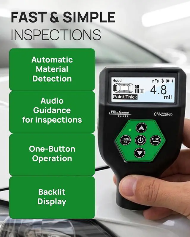 Alt view image 3 of 7 - Paint Thickness Gauge CM-226Pro with Bluetooth App for iOS & Android, Rechargeable Coating Thickness Tester for Cars, Fe/NFe/Fe+Zn Detection, Car & Normal Modes, Auto Body Paint Meter