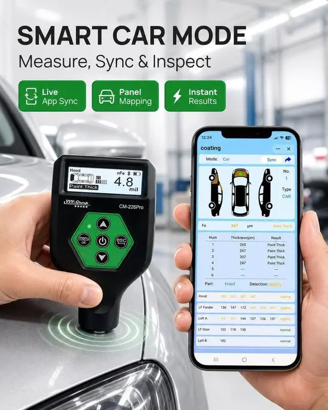 Alt view image 4 of 7 - Paint Thickness Gauge CM-226Pro with Bluetooth App for iOS & Android, Rechargeable Coating Thickness Tester for Cars, Fe/NFe/Fe+Zn Detection, Car & Normal Modes, Auto Body Paint Meter