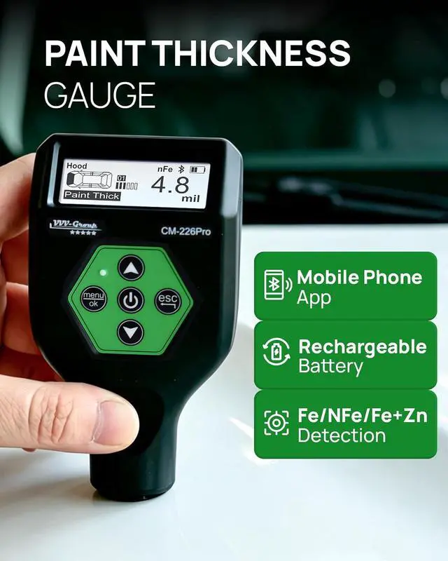 Alt view image 6 of 7 - Paint Thickness Gauge CM-226Pro with Bluetooth App for iOS & Android, Rechargeable Coating Thickness Tester for Cars, Fe/NFe/Fe+Zn Detection, Car & Normal Modes, Auto Body Paint Meter