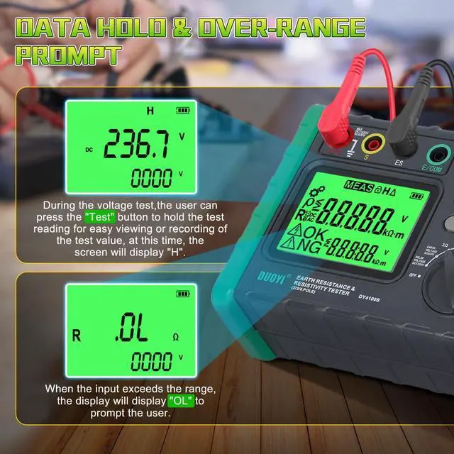 Alt view image 7 of 7 - Earth Resistance Tester 0.03-2000 Soil Resistivity Meter, Upgraded Digital Earth Ground Resistance Tester 2/3 Wire Measurement AC/DC Voltage Meter with Batteries,Tool Bag