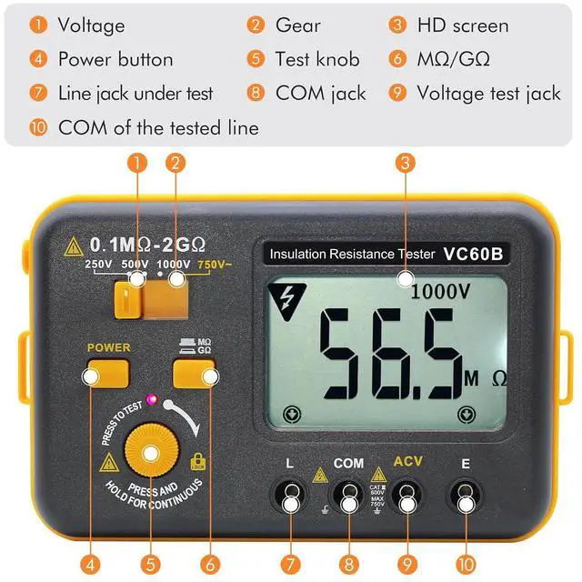 Alt view image 2 of 7 - VC60B Digital Insulation Resistance Tester, Electrical Megaohm Meter with 250V/500V/1000V Test Voltage Testing Insulation Resistance IR 0.1M~2G, Multimeter Measure AC Voltage