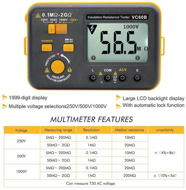 Alt view image 3 of 7 - VC60B Digital Insulation Resistance Tester, Electrical Megaohm Meter with 250V/500V/1000V Test Voltage Testing Insulation Resistance IR 0.1M~2G, Multimeter Measure AC Voltage