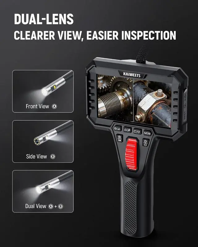 Alt view image 2 of 7 - Dual Lens Two-Way Articulating Borescope Camera with Light, 0.25in Slim Probe, Industrial Endoscope Inspection Camera with Light, 5.3FT Flexible Snake Scope for Automotive, HVAC and Aircraft Mechanics