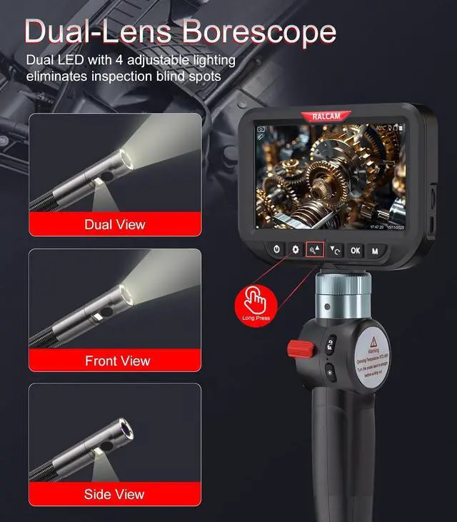 Alt view image 3 of 6 - Dual Lens Articulating Borescope Camera with Light, Slim Probe | 5" HD Two-Way Articulated Endoscope Inspection Camera for Automotive, HVAC, Pipes, Wall 6.5mm-5FT Flexible Cable