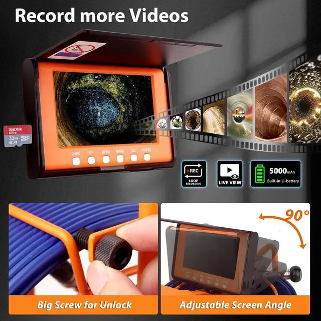 Alt view image 4 of 7 - Sewer Camera 100FT/30M Pipe Inspection Borescope Endoscope Camera with Light 6 LEDs 5" IPS Screen 17MM Plumbing Snake 5000 Mah Battery,1080P High-Definition Industrial Sewer Camera