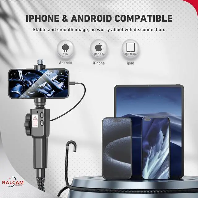 Alt view image 3 of 7 - Two-Way Articulating Borescope for iPhone&Android | Endoscope Camera with Light, HD Inspection Camera with Battery for Automotive, Engine, Pipe 0.33in Lens-3.3FT Flexible Cable