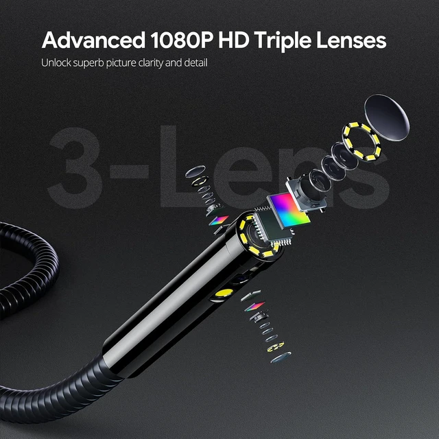 Alt view image 3 of 7 - 7" IPS Screen Triple Lens Inspection Borescope with Light, 16.5FT | 1080P Endoscope Camera, Video & Sound Record, Gooseneck Snake Cable, 10 LEDs, 32GB TF Card for Automotive, Plumbing, HVAC