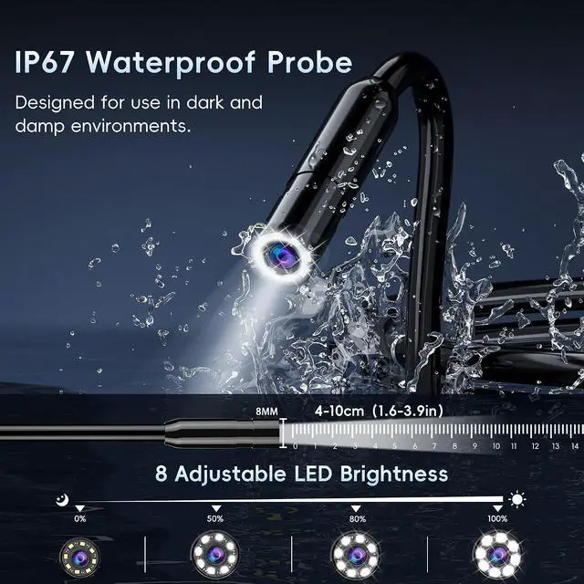 Alt view image 4 of 7 - 32.8FT Endoscope Camera with Light-1080P HD Borescope Inspection Camera | IP67 Waterproof Sewer Tools with 8 Adjustable LEDs,Snake Cameras with 4.3" IPS Screen for Plumbing & Automotive Engines