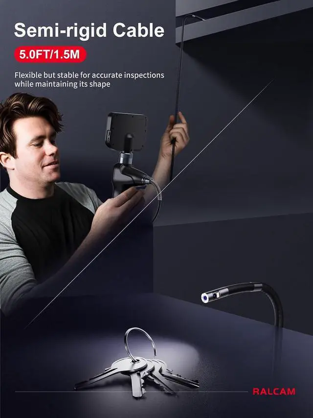 Alt view image 7 of 7 - 360° Articulating Borescope Dual Lens, 0.25in Slim Probe | 4-Way 5" HD Endoscope Camera with Light, 4X Zoom, Snake Inspection Camera for Automotive HVAC Engine 5FT Semi-Rigid Cable