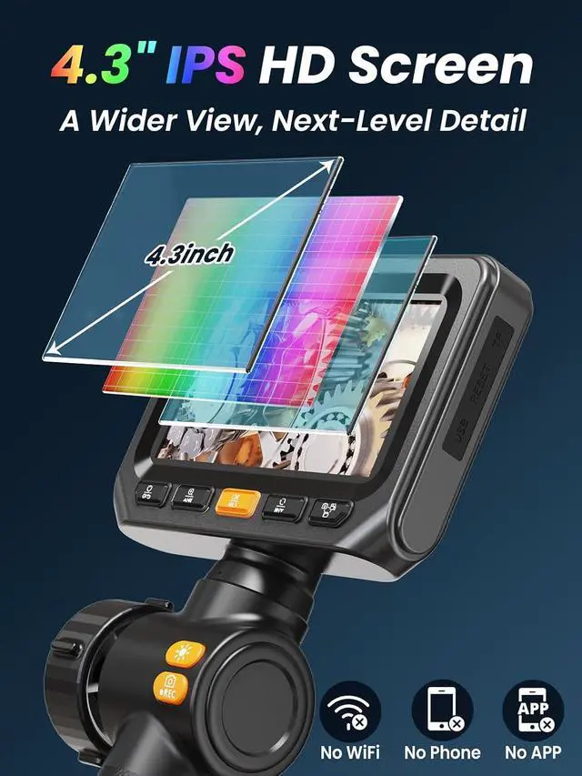 Alt view image 4 of 7 - Two-Way Articulating Borescope, Endoscope Camera with Light, Dual-Lens 1080P Industrial Inspection Camera, 4.3" IPS Screen, 32GB Card, IP67 Waterproof Sewer Tools - 5FT