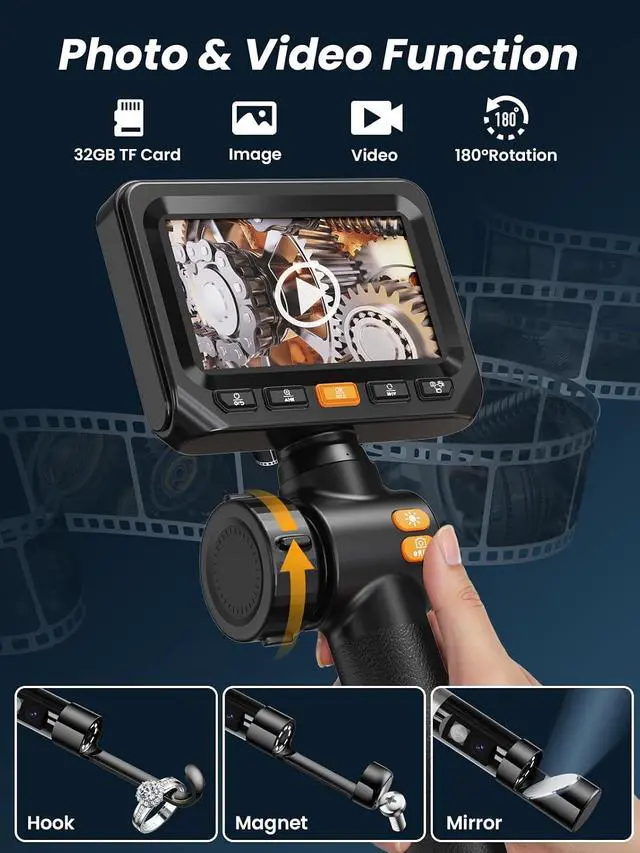 Alt view image 6 of 7 - Two-Way Articulating Borescope, Endoscope Camera with Light, Dual-Lens 1080P Industrial Inspection Camera, 4.3" IPS Screen, 32GB Card, IP67 Waterproof Sewer Tools - 5FT