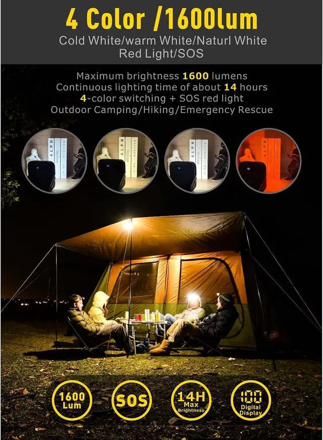 Alt view image 6 of 6 - 20000mAh Rechargeable LED Camping Lantern - 1600LM, QC3.0 22.5W, 4 - Color Switch, IPX5 Waterproof - Perfect for Camping, Hiking & Emergency Situations(Black)
