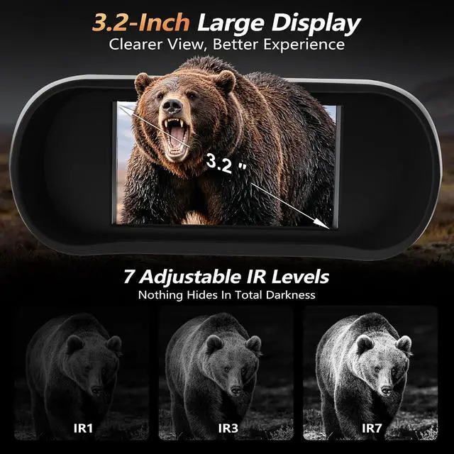 Alt view image 6 of 7 - 4K Night Vision Goggles with 32GB Card, 9000mAh Battery for Camping | 3.2" HD Floating Display, 36MP Photo, 1312ft Range, 7-Level IR, 8X Digital Zoom, Backlight, Flashlight, Silver