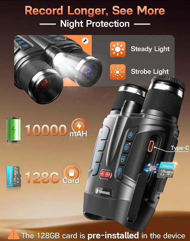 Alt view image 3 of 7 - Night Vision Goggles - Smart APP 4K Night Vision Binoculars, 10000mAh Battery, 128GB Card for Photo and Video, 3'' UHD Screen & 8X Zoom Binoculars for Camping, Hunting, Security (Black)
